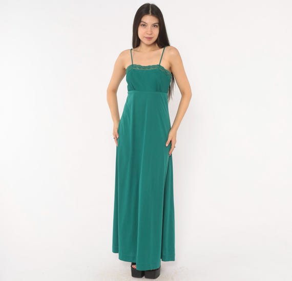 70s Crochet Teal Lace Trim Maxi Dress Gown Pleated Bodice Empire Waist Green Slip Vintage Hippie Witchy Whimsigoth Sleeveless Extra Small XS