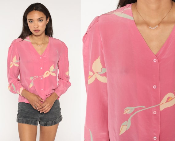 Silk Floral Shirt Sheer Pink Button Up Shirt 00s Long Puff Sleeve Blouse Vintage Long Sleeve Top Retro 2000s Small Medium