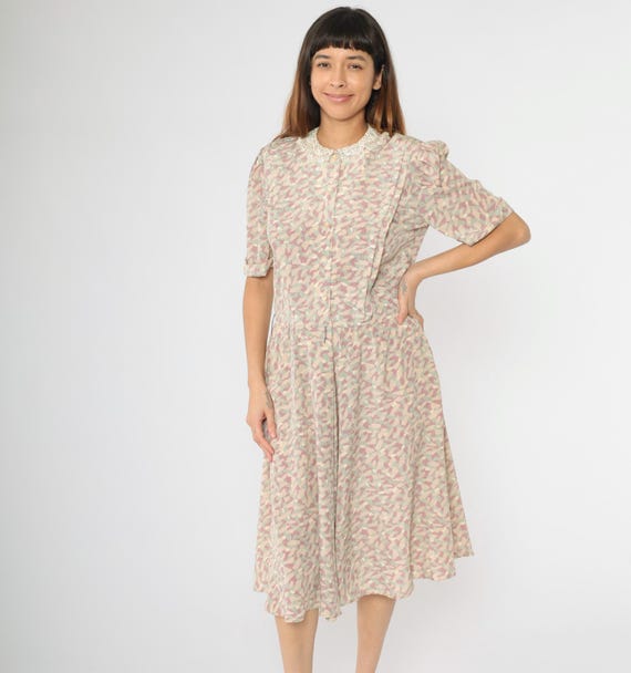 Vintage 80s Abstract Midi Dress Puff Sleeve Lace Collar Shirtwaist Pastel Retro Boho High Waist 1980s Pocket Prairie Day Dress Small Medium