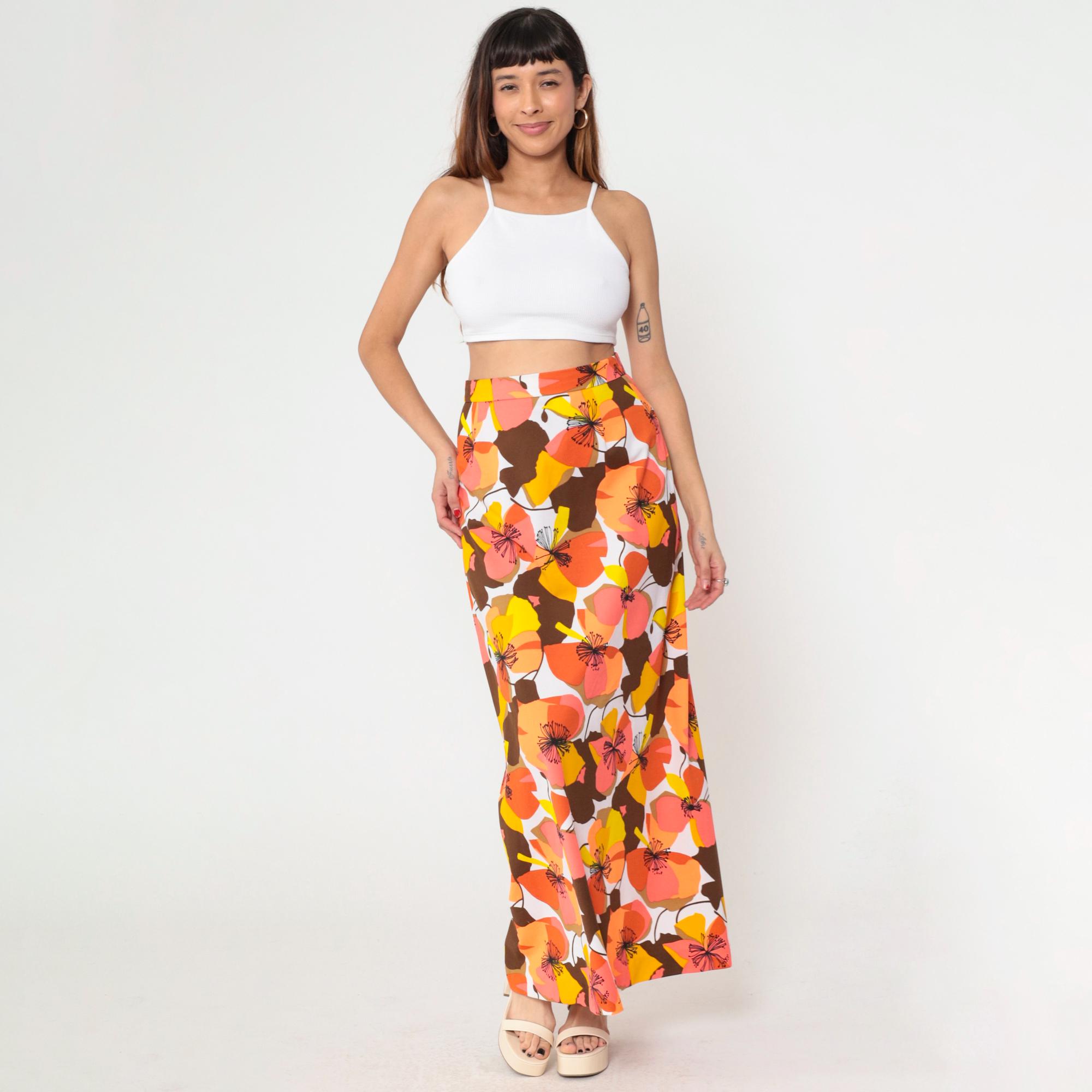 Vintage 70s Floral Maxi Skirt Bohemian Bright Tropical Print Coral Orange Brown Boho Hippie Long Skirt High Waisted Retro 1970s Medium 8