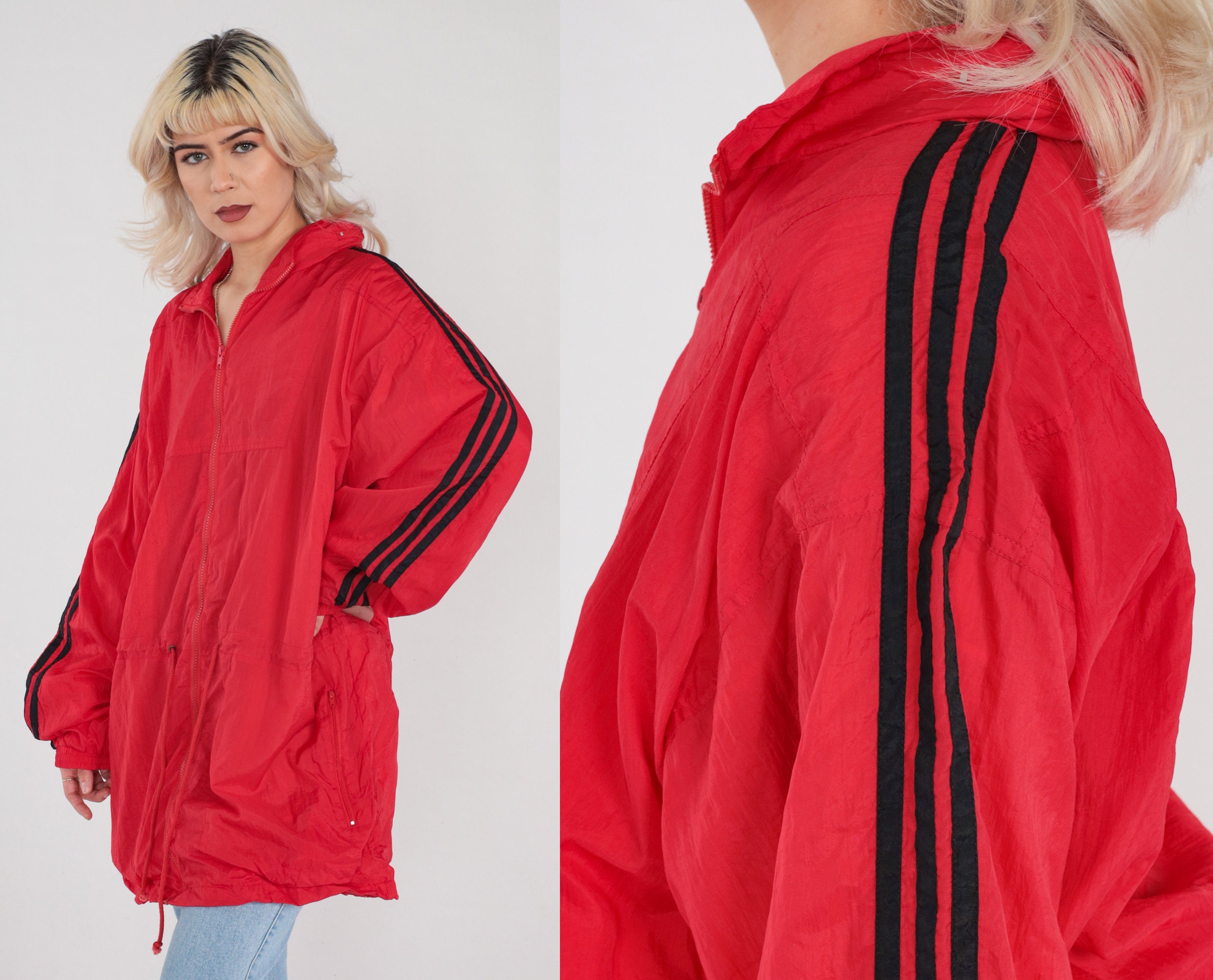 Red Windbreaker 90s Track Jacket Zip Up Bomber Black Striped Warm Up ...