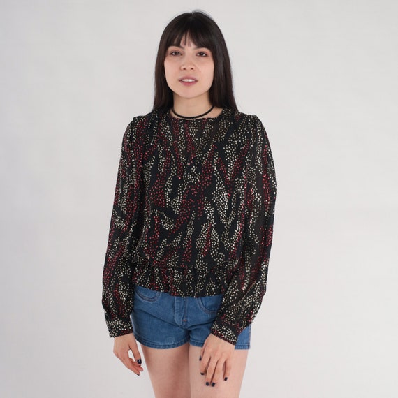Metallic Blouse 80s Puff Sleeve Top Black Silver Red Abstract Print Sparkly Disco Shirt Going Out Glitter Retro Glam Vintage 1980s Small S