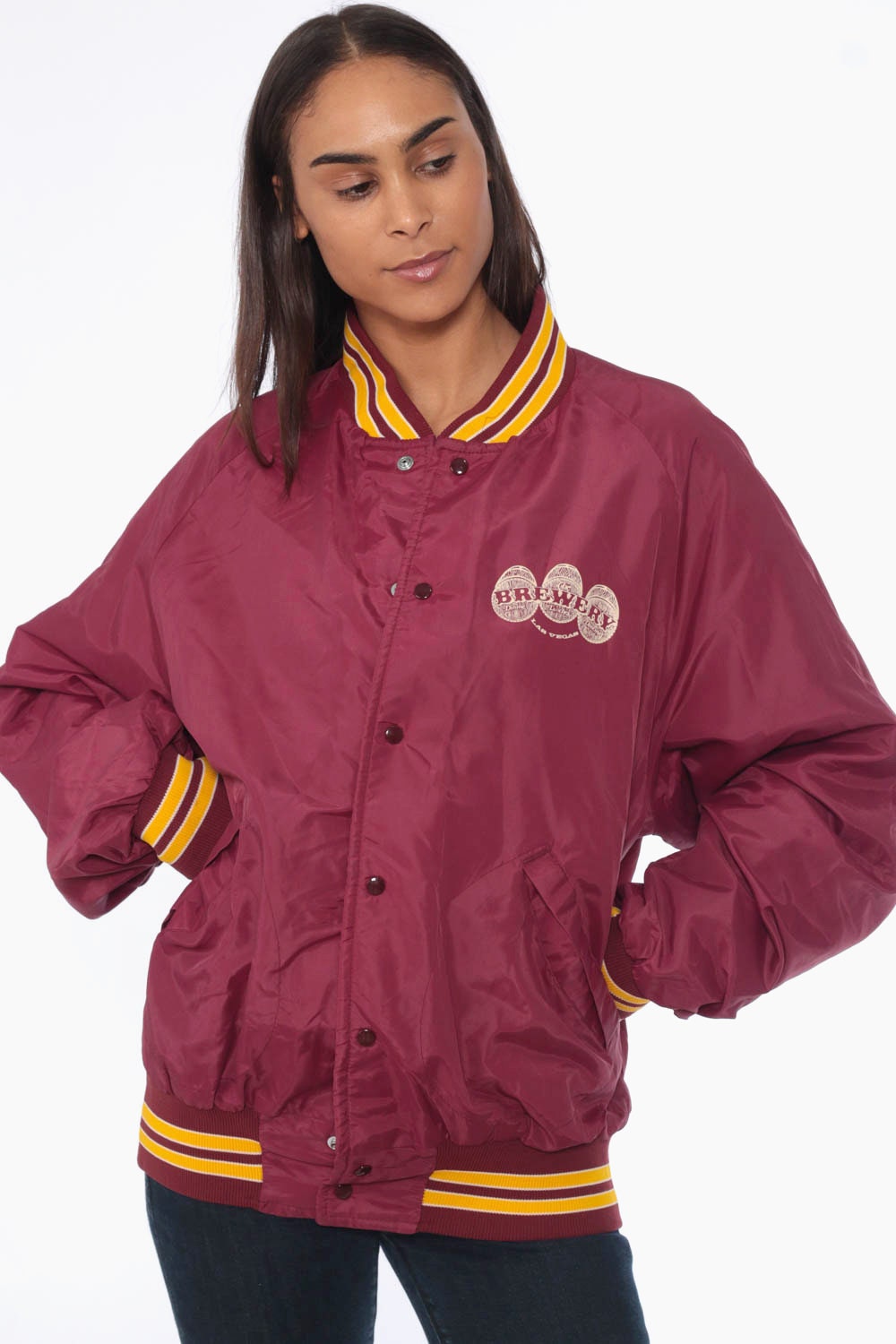 BREWERY Bomber Jacket 80s LAS VEGAS Burgundy Baseball Snap Up Jacket