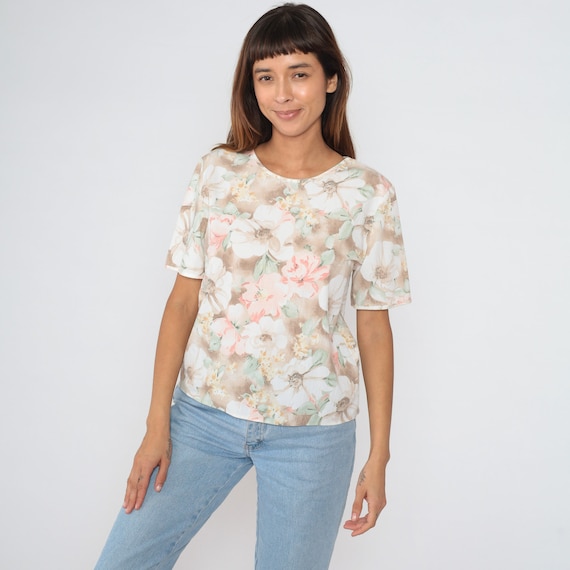 Muted Floral Blouse 90s Watercolor Flower Print Top Boho Short Sleeve Hippie Shirt Bohemian Summer Tan Green Pink White Vintage 1990s Small
