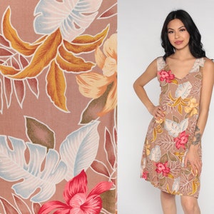 Hawaiian Floral Dress Y2K Taupe Pink Tropical Sundress Mini Sleeveless Botanical Flower Leaf Print Summer Vintage 00s Rayon Medium