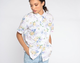 Blue Floral Blouse 90s Button Up Shirt Button Short Sleeve Top Boho 1990s Vintage Preppy Patterned Shirt Lavender Purple Small Petite