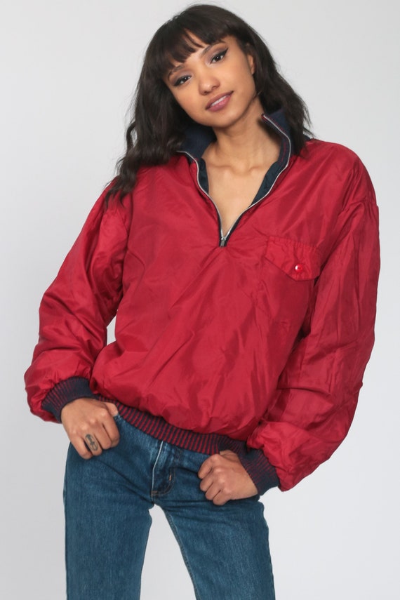 Reversible Jacket Red Navy Windbreaker Retro 80s Nylon Sports Jacket Blue Jacket Pullover Quarter Zip 1980s Vintage Small Medium