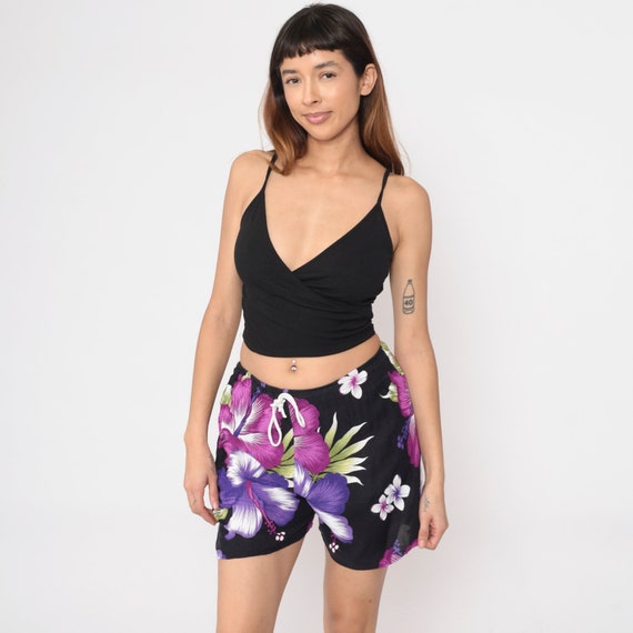Tropical Floral Shorts 00s Black Rayon Beach Shorts Purple Hibiscus Hawaiian Shorts Summer Surfer Elastic Waist Vintage Y2K Small Medium