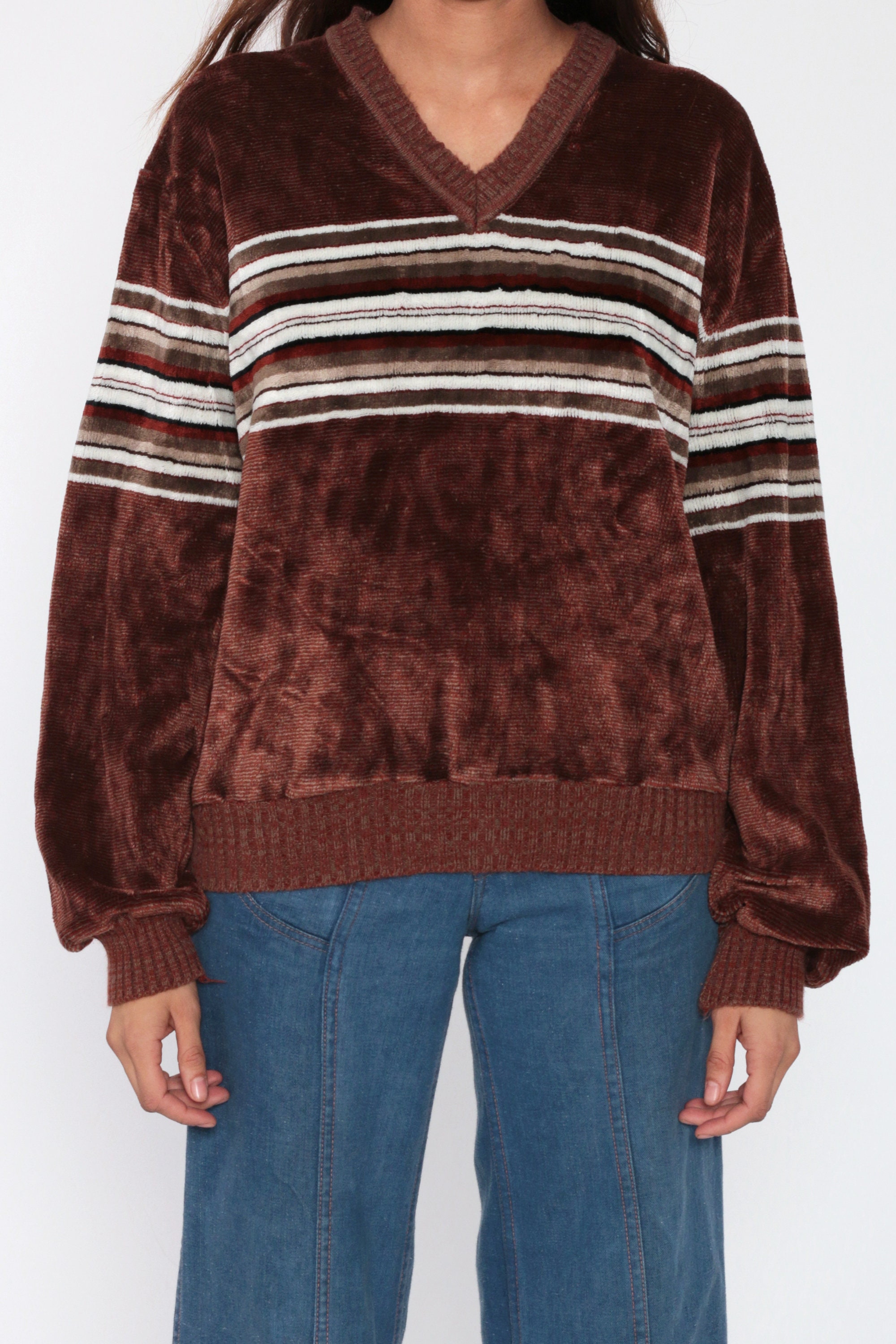 80s Velour Sweatshirt Brown Striped Sweater Slouchy Long Sleeve ...