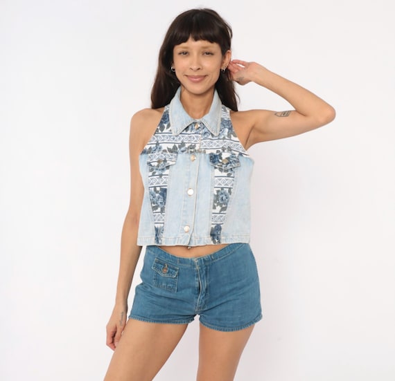 90s Floral Denim Vest Cropped Sleeveless Jean Top Lace Up Back Button Front Rose Cotton Blue White Geometric Western Cowgirl Vintage Small S
