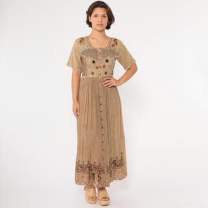 embroidered rayon dress made in india Rayon maxi dress - hippie - boho - embroidered - made in India - 3/4  sleeves - tie back