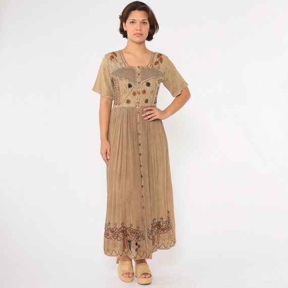 Vintage Embroidered Indian Dress 00s Hippie Dress Tan Button Up Maxi Hippy Rayon Festival Short Sleeve Casual Crochet Bohemian Small S