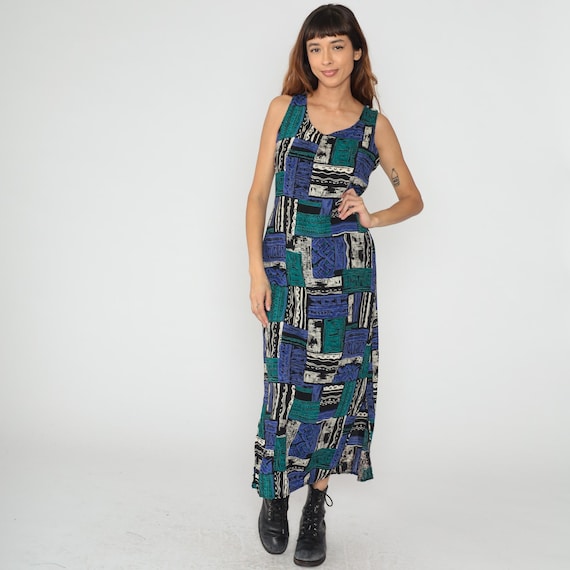 90s Patchwork Dress Block Print Sleeveless Tank Blue Teal Black White Abstract Geometric Pattern Vintage Long Summer Sundress Fitted Large L