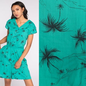 Tropical Romper Playsuit 80s Hilo Hatties Hawaiian Romper Jumpsuit Shorts Summer Jungle Button up Short Sleeve 1990s Vintage Green Medium
