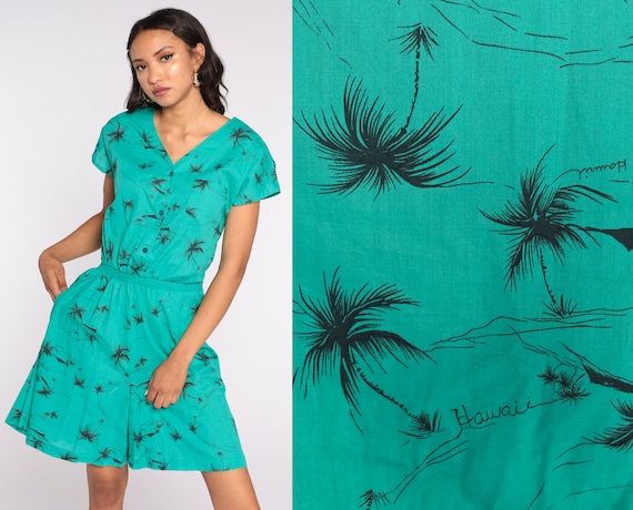 Tropical Romper Playsuit 80s Hilo Hatties Hawaiian Romper Jumpsuit Shorts Summer Jungle Button up Short Sleeve 1990s Vintage Green Medium