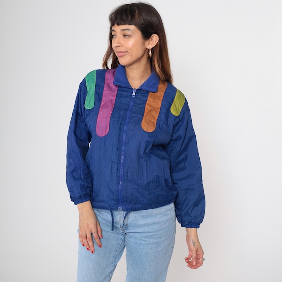 Colorblock Windbreaker 90s Blue Abstract Print Long Sleeve Zip Up Track Jacket Vintage Streetwear Sporty Casual Urban Hip Hop Small S