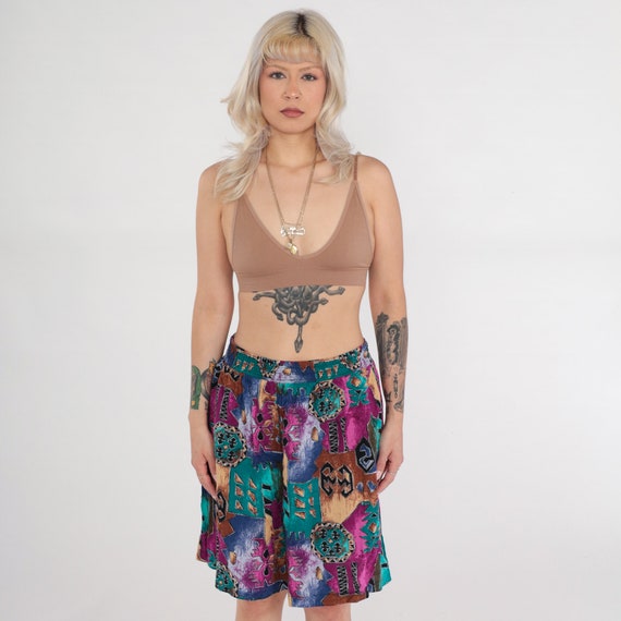 Vintage 90s Shorts Abstract Print Wide Leg Shorts Geometric Print High Elastic Waist Summer Festival Pink Green 1990s Medium Large