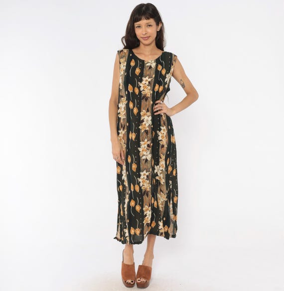 90s Floral Sleeveless Maxi Dress Olive Green Cream Falling Leaves Print Shift Column Summer Sundress Sag Harbor Earth Tone Garden Large L