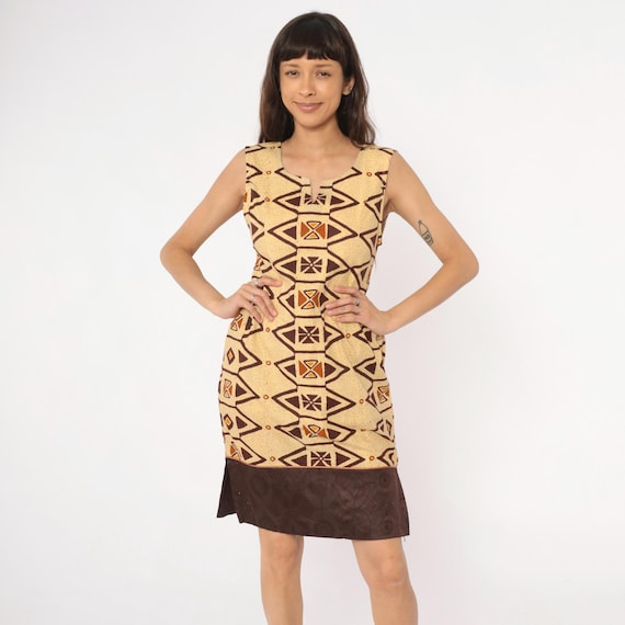 Y2K Southwestern Dress Geometric Print Dress Pattern Color Block Brown Yellow Cream Beige Cotton Shift Vintage Aesthetic Extra Small XS