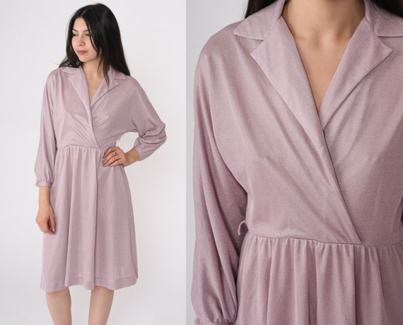 70s Disco Party Dress Shimmery Lavender Purple Grecian Wrap Dress Boho Midi V Neck High Waist Vintage Long Sleeve Bohemian Small Petite