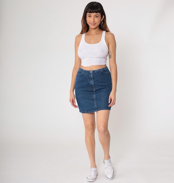 90s Denim Skirt Blue Jean Mini Cotton Vintage Casual Classic Wash Straight Fit Everyday Simple Aesthetic Basic Wardrobe Grunge Alt Small S