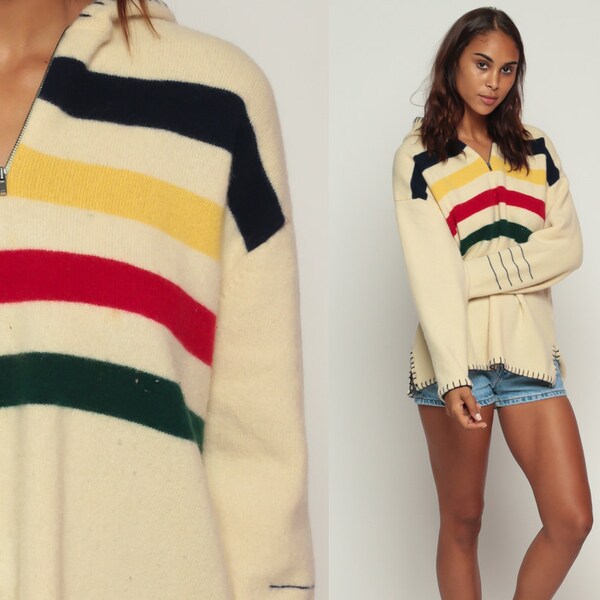 Wool Cardigan Sweater Hoodie RALPH LAUREN 90s Hudson Bay Style Blanket Striped Zip Up 1990s Bohemian Hooded Vintage Boho Large