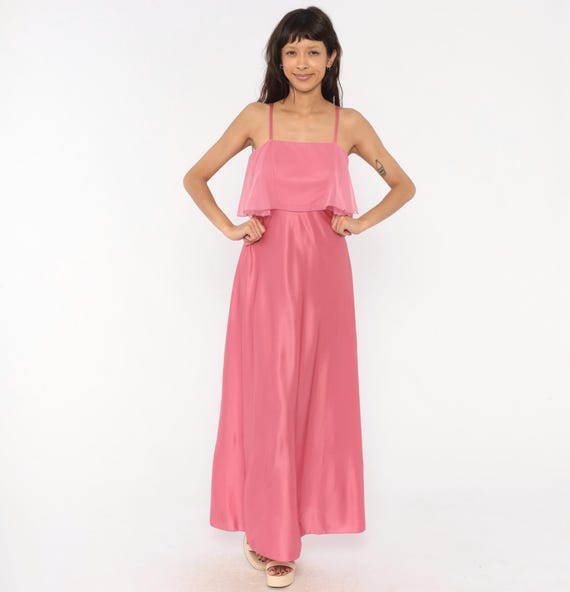 70s Pink Satin Maxi Dress Chiffon Overlay Bodice Spaghetti Strap Rose Gown Floor Length Slip Style Bridesmaid Flowy Skirt Vintage Small S