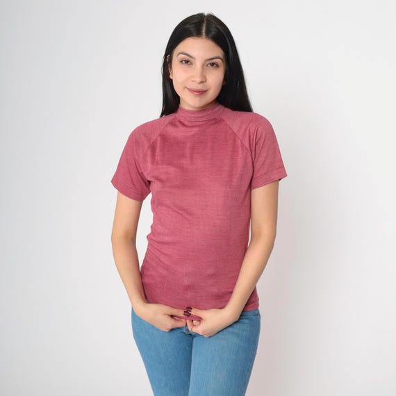 80s Pink T-Shirt 80s T Shirt Single Stitch Raglan Sleeve Tee Mock Neck Shirt Plain TShirt Vintage Retro Basic Extra Small xs 0