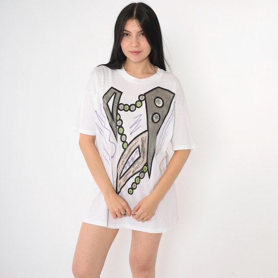 90s Abstract Print T-Shirt Glitter Paint Geometric Graphic Tee Vintage 1990s Hand Painted White Semi-Sheer Single Stitch Large L
