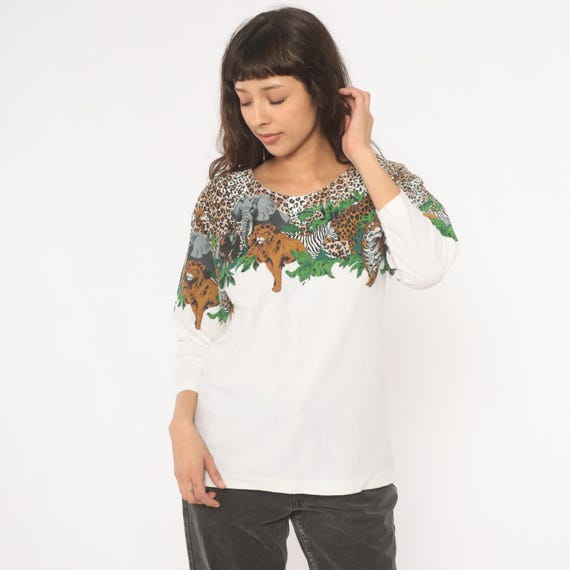 Safari Animal Print Top 90s Leopard Lion Tiger Elephant Zebra Jungle Cotton Three Quarter Sleeve Neck Wildlife Nature Tee Vintage Medium M