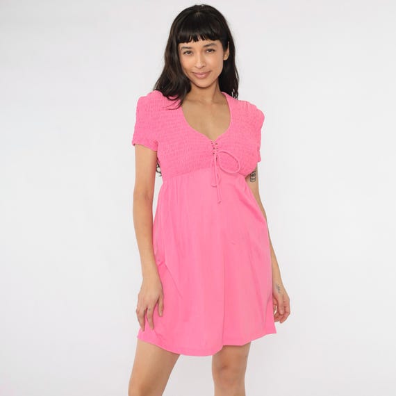 60s 70s Babydoll Dress Vintage Bright Pink Smocked Mod Mini Empire Waist Dress Lace Up Twiggy 1970s Short Sleeve Small S