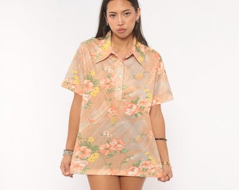 70s Floral Polo Shirt Peach Orange Rose Print Collared Pullover Top Short Sleeve Tan Coral Garden Blouse Prairie Vintage Large L