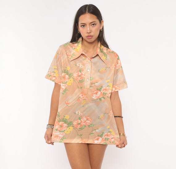 70s Floral Polo Shirt Peach Orange Rose Print Collared Pullover Top Short Sleeve Tan Coral Garden Blouse Prairie Vintage Large L