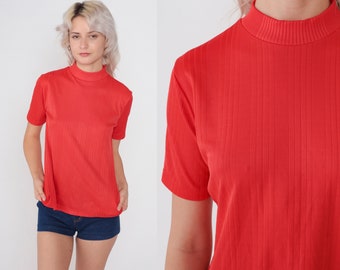 70s Mod Shirt Red Mock Neck Top Ribbed T-Shirt Plain Blouse Short Sleeve Mod Basic Top Plain Simple Seventies Vintage 1970s Small S
