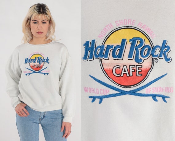 90s Hard Rock Cafe Sweatshirt World Cup of Surfing Sweatshirt Retro Surfer North Shore Hawaii Surf Graphic Shirt White Vintage 1990s Large L