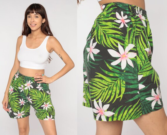 Green Tropical Shorts 90s Floral Monstera Leaf Print Shorts Retro High Waisted Elastic Waist Boho Summer Bottoms Vintage 1990s Medium Large