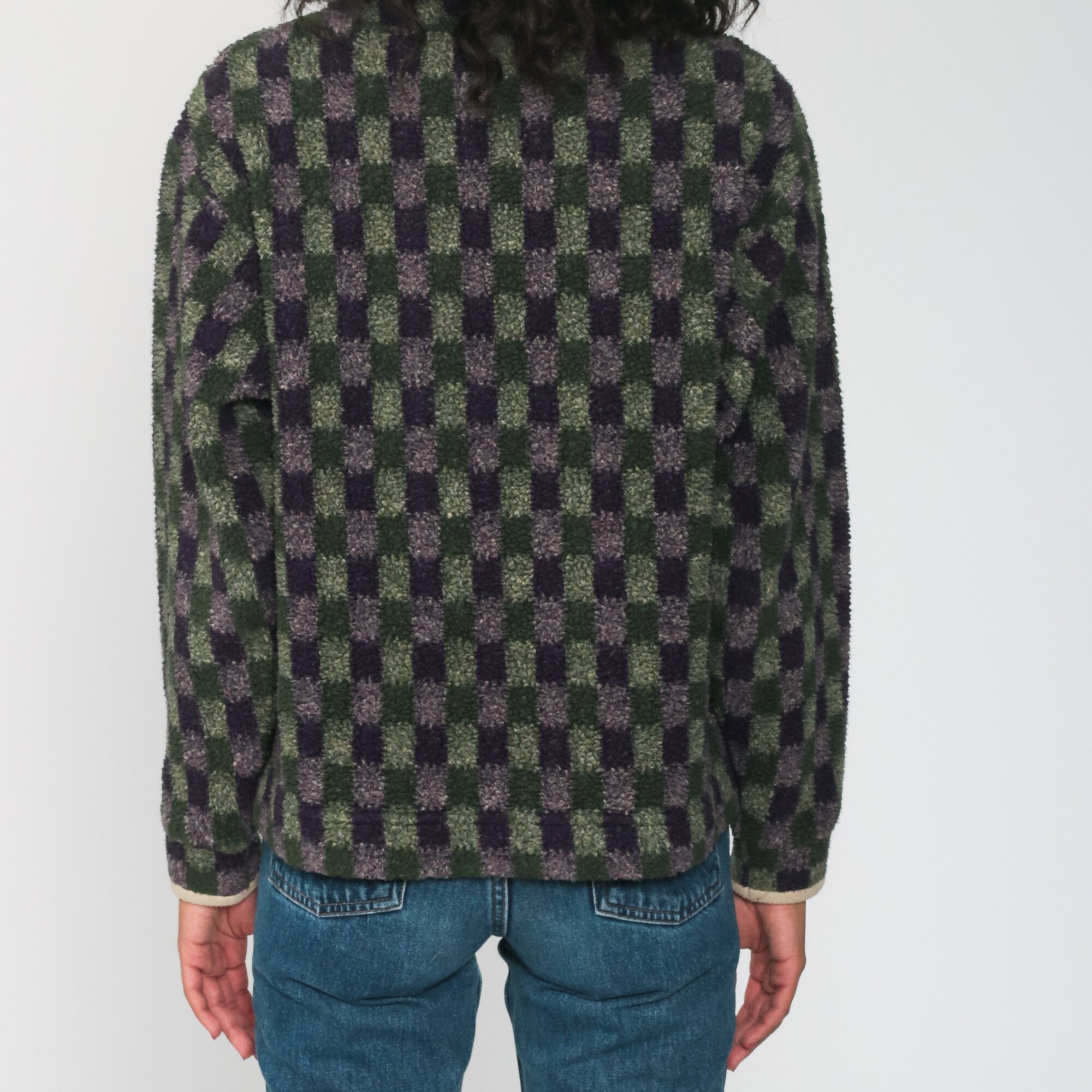 LL Bean Fleece Sweatshirt Pullover Jacket 90s Hiking Mock Neck Sweatshirt Purple Green Geometric 