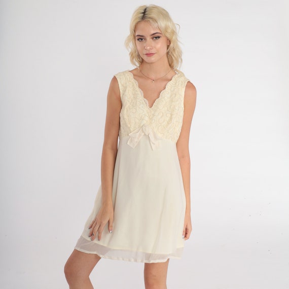 Lace Chiffon Party Dress 60s Cocktail Mini Cream White 1960s Mod Bow Sheath Empire Waist Sixties Vintage Formal Mad Men Sleeveless Small