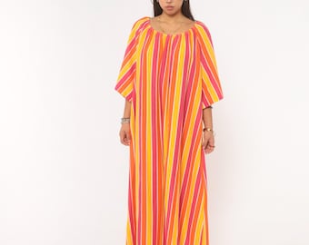 70s Striped Caftan Orange Pink Yellow Cotton Maxi Dress Scoop Neck Flutter Sleeve Muumuu Kaftan Summer Festival Pullover Plus Size 3X XXXL