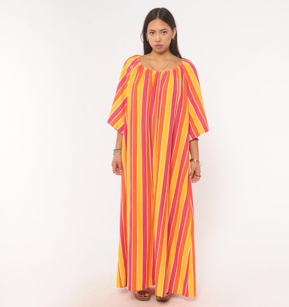 70s Striped Caftan Orange Pink Yellow Cotton Maxi Dress Scoop Neck Flutter Sleeve Muumuu Kaftan Summer Festival Pullover Plus Size 3X XXXL
