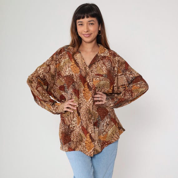 Feather Print Blouse 90s Ellen Tracy Silk Bird Plume Brown Earth Tone Oversized Long Sleeve Button Front Vintage Statement Top Large L 12