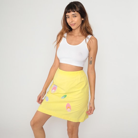 Yellow Mini Skirt 70s Abstract Oval Pattern Purple Pink Green Cotton A Line Vintage Bright Colorful Geometric Mod Psychedelic Disco Small S