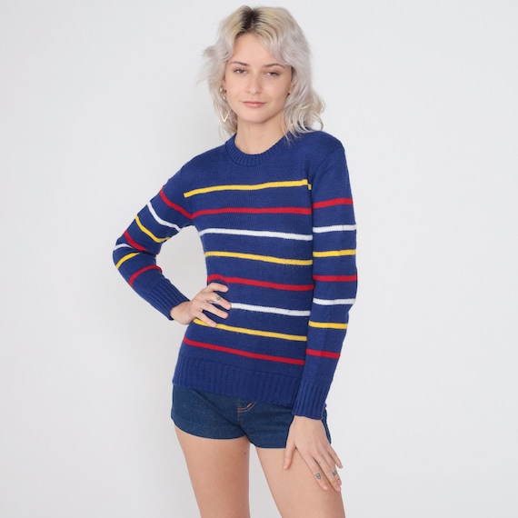 Blue Striped Sweater 80s Pullover Knit Sweater Retro Crewneck Jumper White Yellow Red Basic Acrylic Vintage 1980s Headliner Extra Small xs