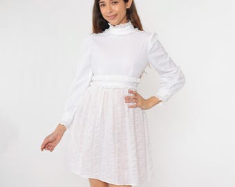 Vintage White Babydoll Dress 70s Mini Eyelet Lace Puff Sleeve Victorian Boho High Neck MiniDress 1970s Empire Waist Bohemian Retro Small 4