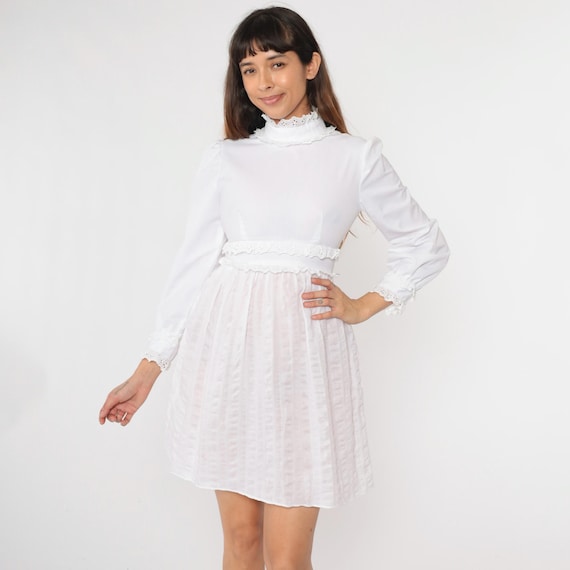 Vintage White Babydoll Dress 70s Mini Eyelet Lace Puff Sleeve Victorian Boho High Neck MiniDress 1970s Empire Waist Bohemian Retro Small 4