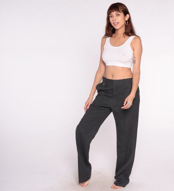 80s Wool Trousers Gray Charcoal High Waisted Straight Leg Professional Pants Dark Academia Corporate Classic Office Vintage Large L