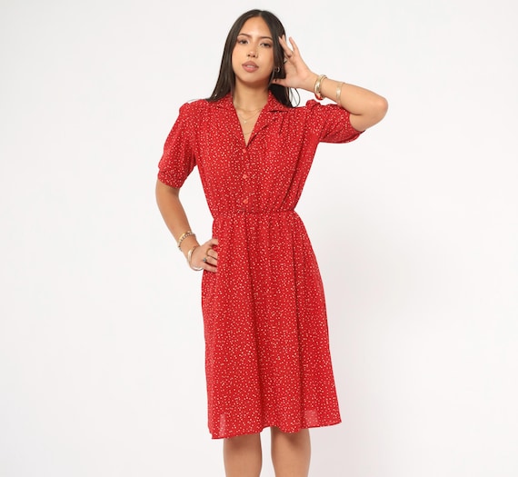 80s Speckled Red Shirtdress White Dot Print Collar Puff Sleeve Elastic Waist Knee Length Cherry Scarlet Spotted Frock Summer Vintage Small S