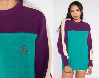 Color Block Wool Sweater 90s Purple Turquoise Striped Sweater Ski Retro Knit Pullover Crewneck Hipster Normcore Vintage 1990s Mens Medium