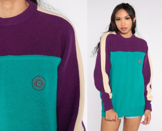 Color Block Wool Sweater 90s Purple Turquoise Striped Sweater Ski Retro Knit Pullover Crewneck Hipster Normcore Vintage 1990s Mens Medium
