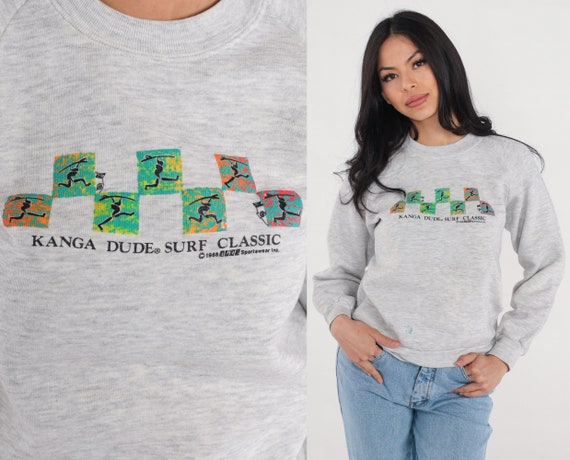Vintage Surfer Sweatshirt 90s Kanga Dude Surf Classic Sweatshirt Hawaiian Surfing Graphic Shirt Checkered Heather Grey Raglan Retro 1990s XS